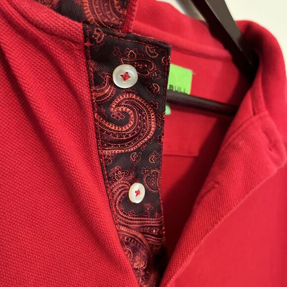 Bristol & Bull Contrast Silk Paisley Collared Pique Cotton Polo Shirt, Red- Med. - Picture 3 of 10